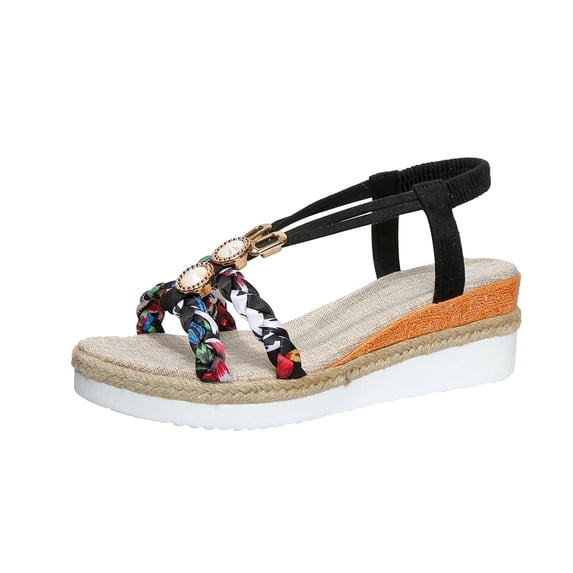 Hopeusnice Women's Sandals Non-Slip Breathable Open Toe PU Materials Summer Shoes Thick-Soled Heel Trendy Soft Roman Boho Style Shoes for Beach Vacation Shoes Black 38