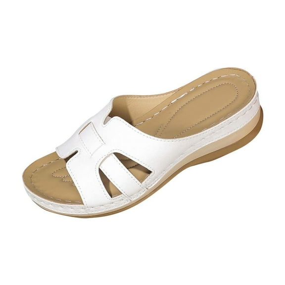 Hopeusnice Women's Slippers Non-Slip PU Materials Summer Shoes Wedge Heel Open Toe Sandals Trendy Breathable Soft Round Toe Slip-Resistant Walking Shoes White 42