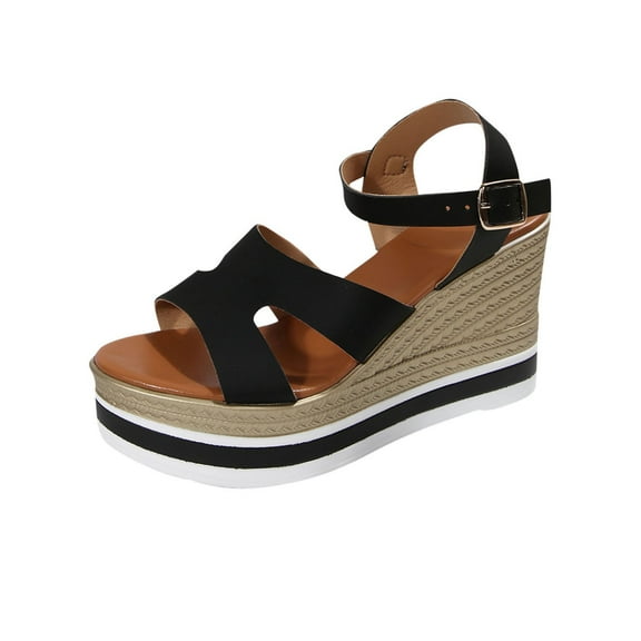 Hopeusnice Women's Wedges Shoes Non-Slip Breathable Trendy Soft PU Materials Summer Shoes Open Toe Sandals Wedge Heel Round Toe Slip-Resistant Walking Shoes Black 42