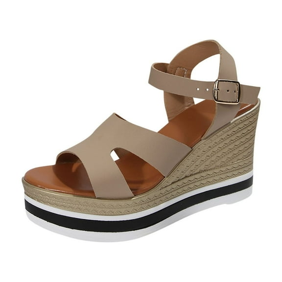 Hopeusnice Women's Wedges Shoes Non-Slip Breathable Trendy Soft PU Materials Summer Shoes Open Toe Sandals Wedge Heel Round Toe Slip-Resistant Walking Shoes Khaki 40