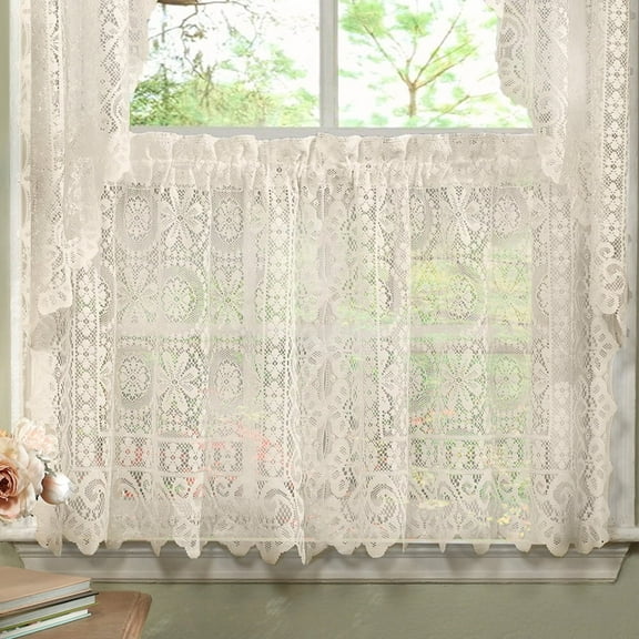 Hopewell Heavy Floral Lace Kitchen Window Curtain 36 x 58 Tier