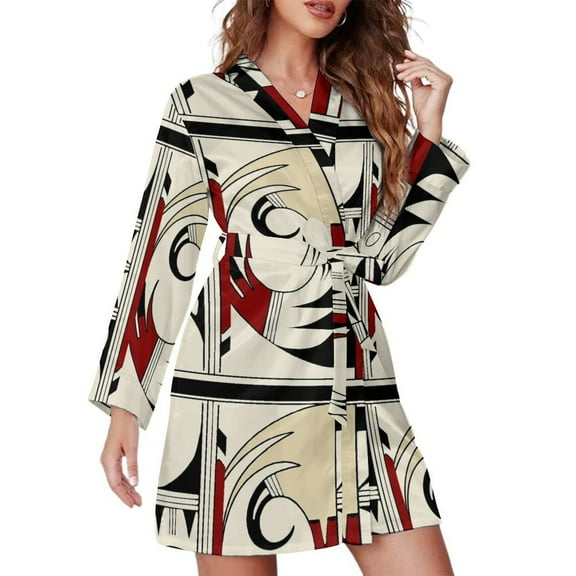 Hopi Pottery Night Robe Long Sleeve V Neck Robe With Belt Women's Sleepwear Dresses