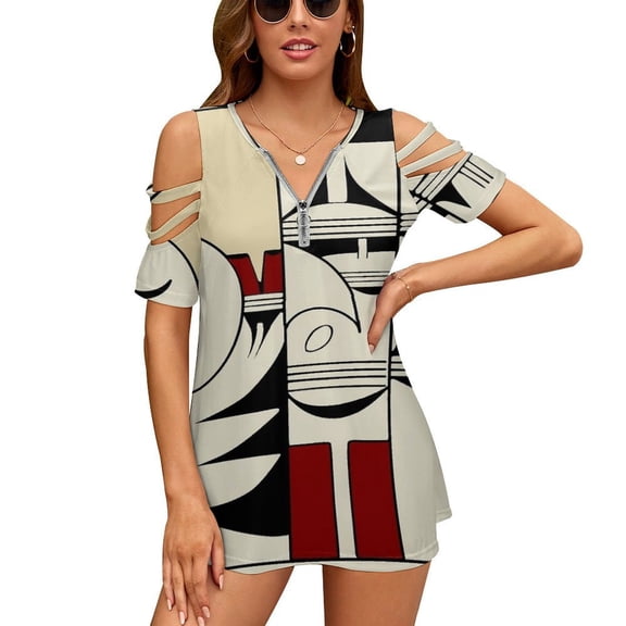 Hopi Pottery Womens Summer V Neck Zipper Top Short Sleeve T Shirt Off Shoulder Top Casual Classy Loose Shirts