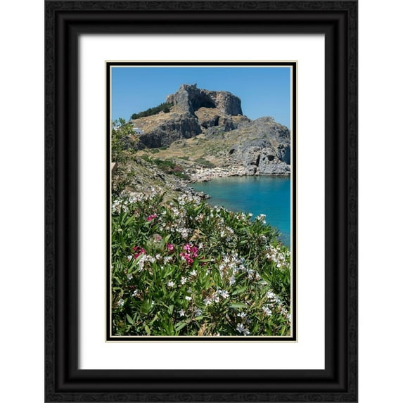 Hopkins, Cindy Miller 11x14 Black Ornate Wood Framed with Double Matting Museum Art Print Titled - St Pauls Bay with the Acropolis of Lindos in the distance with the Temple of Athena Lindia