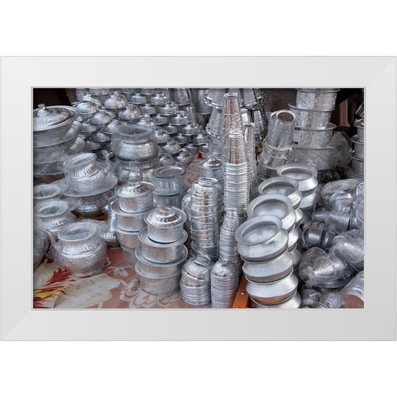 Hopkins, Cindy Miller 32x23 White Modern Wood Framed Museum Art Print Titled - India-Delhi-Old Delhi Aluminum vendor-detail of goods for sale