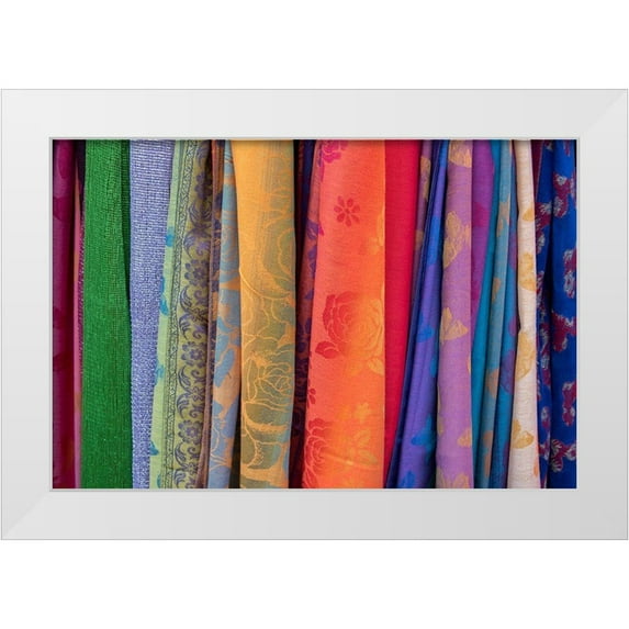 Hopkins, Cindy Miller 32x23 White Modern Wood Framed Museum Art Print Titled - Singapore-Chinatown Detail of typical textile souvenir scarves