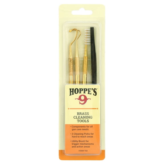 Hoppe's Cleaning Picks Brass 4 Piece Set Includes 3 Brass Picks with Different Heads for Precision Cleaning and a Plastic Nylon Brush in a Blister Pack
