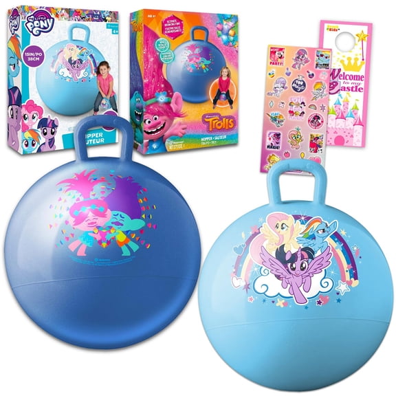 Hopper Ball for Kids 2 Pack- Bundle 15" Activity Balls Featuring My Little Pony and Trolls Plus Stickers, More | Hopping Ball for Boys and Girls Outdoor Activities, Parties