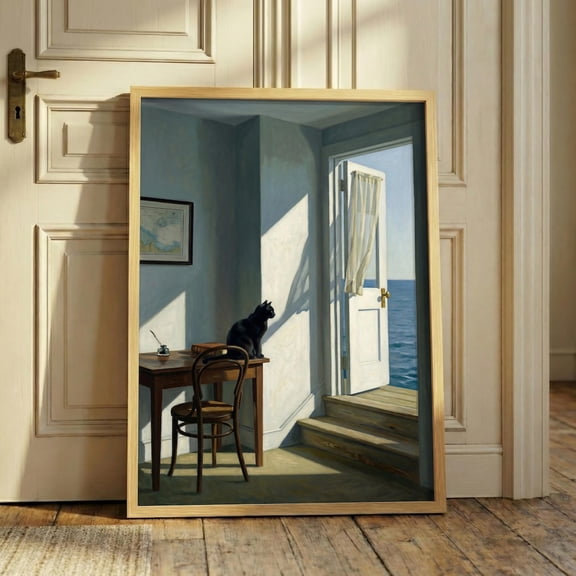 Hopper Cat Coastal Window View Poster Unframed Paper Print