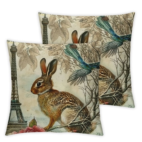 Hopper Country Vintage Animal Pillow Case Cotton Decoration Cute Rabbit, Classical Double Garden Flower Pillow Case, Various Sizes, Set of 2