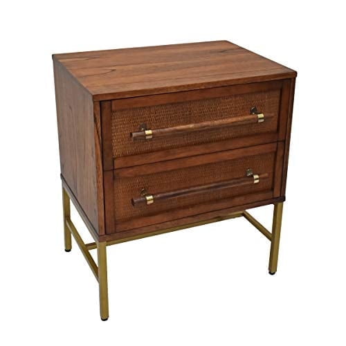 Mochaccino Brown Rattan 2-Drawer Nightstand with Brass Accents