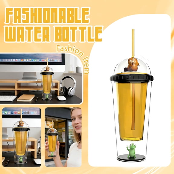 Hoppers Movie Collectible Water Bottle with Straw, 10-Inch Double-Wall Fashion Tumbler, Cute Plastic Cup with 3D Character Figures for Office and Travel