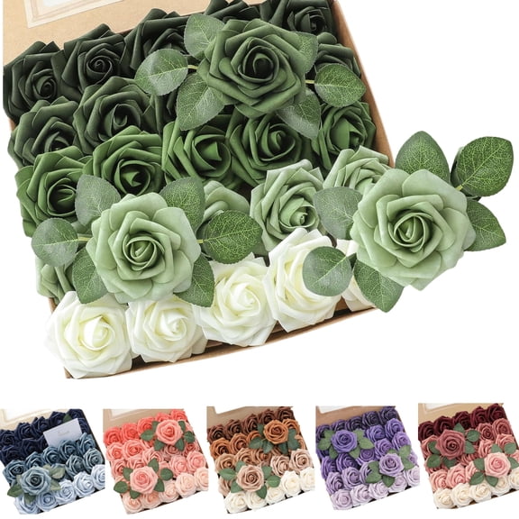 Hoppin Gee 25 Pcs Artificial Rose Flowers, Foam Gift Box Roses with Stems,for Wedding Party DIY Bouquets,Home Decoration（Green）
