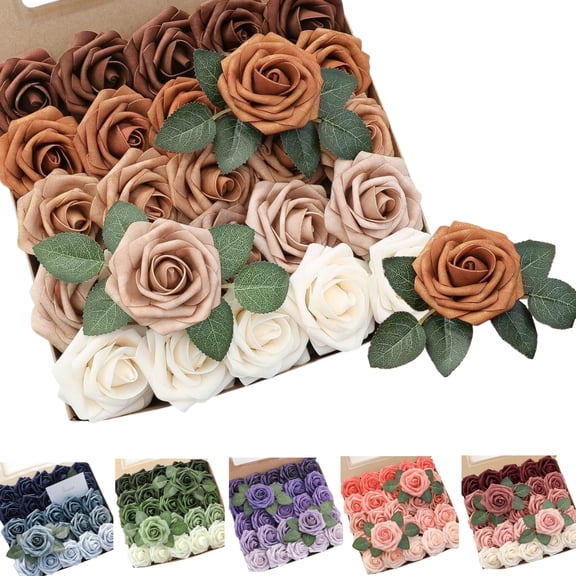 Hoppin Gee 25 Pcs Artificial Rose Flowers, Foam Gift Box Roses with Stems,for Wedding Party DIY Bouquets,Home Decoration(Orange)