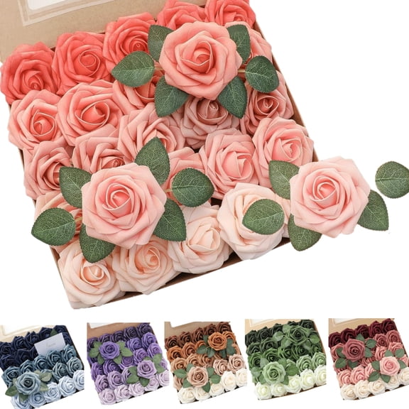 Hoppin Gee 25 Pcs Artificial Rose Flowers, Foam Gift Box Roses with Stems,for Wedding Party DIY Bouquets,Home Decoration（Pink）