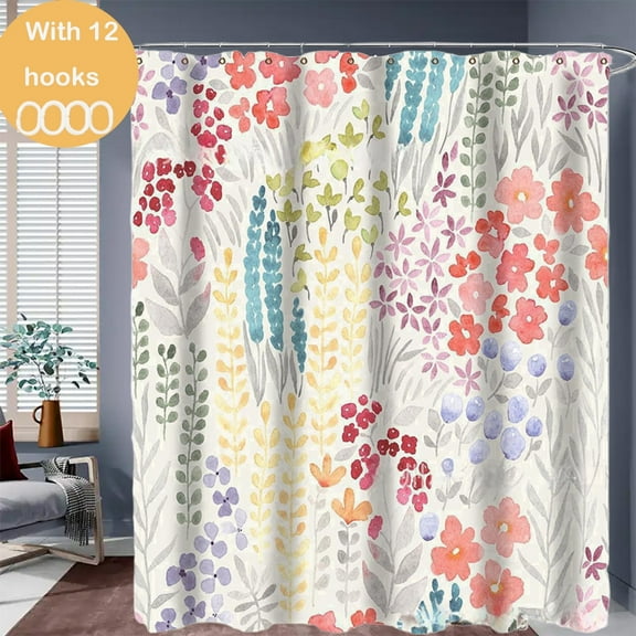 Hoppin Gee Bohemian Style flower Polyester Shower Curtain,with 12 Hooks,72“ x 72”