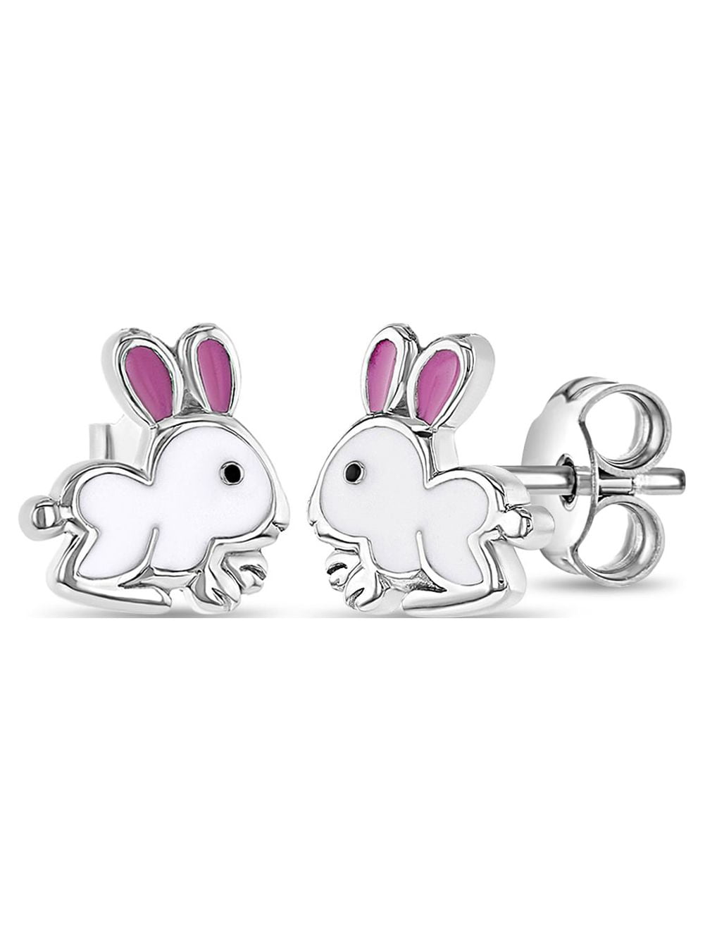 Hopping Bunny Kids / Children's / Girls Earrings Enamel - Sterling Silver