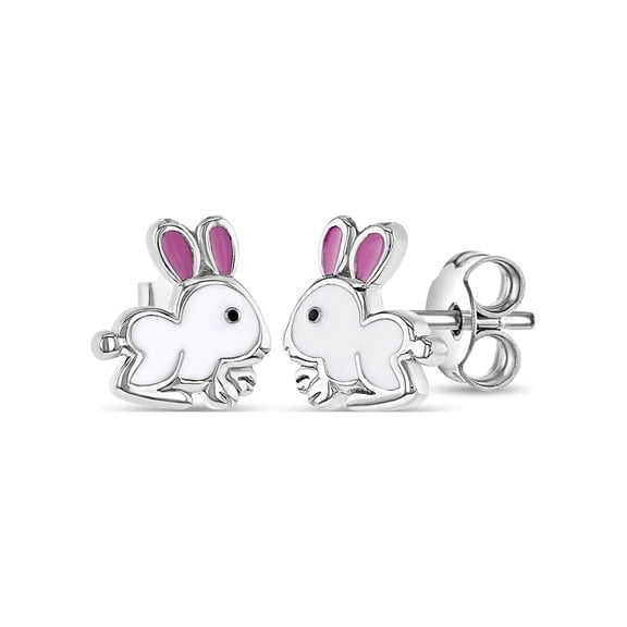 Hopping Bunny Kids / Children's / Girls Earrings Enamel - Sterling Silver
