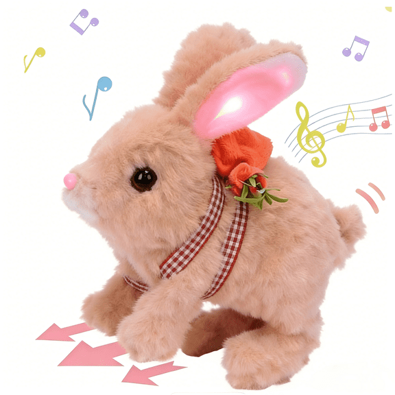 Hopping Bunny with LED Ears Carrot Backpack Interactive Plush Bunny Toy with Sounds Animated Walking Wiggle Light up Ears Twitch Nose Gift for Toddlers 7''