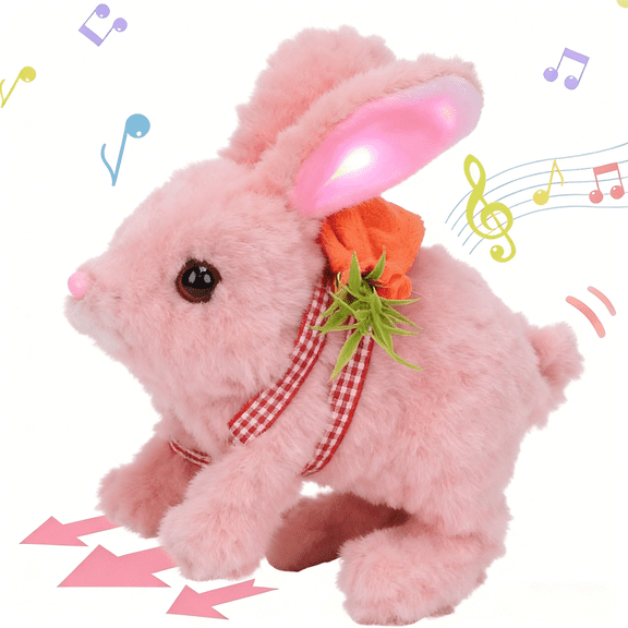 Hopping Rabbit with LED Ears Carrot Backpack Interactive Plush Bunny Toy with Sounds Animated Walking Wiggle Light up Ears Twitch Nose Gift for Toddlers 7''
