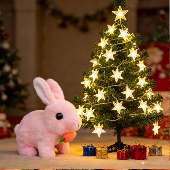 Hopping Rabbit with Carrot Interactive Electronic Pet, Plush Bunny Toy with Sounds and Movements Animated Walking Wiggle Ears Twitch Nose, Pink
