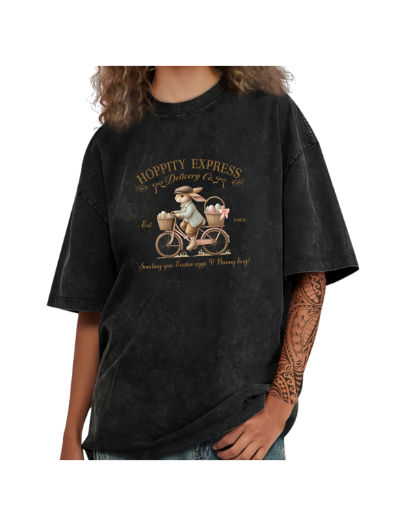 Hoppity Express Easter Bunny Delivery Graphic Casual Tees T Shirt Tops Short Sleeve Round Neck Black S-2XL Plus Size