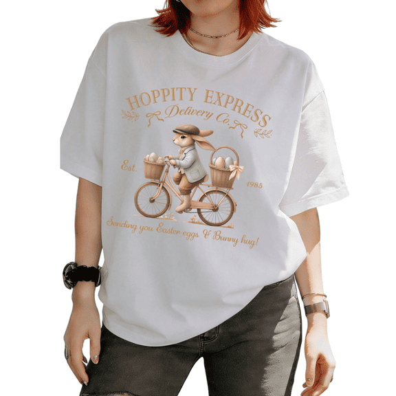 Hoppity Express Easter Bunny Delivery Graphic Tee T Shirt Tops Cotton Trendy Short Sleeve Round Neck White S-5XL
