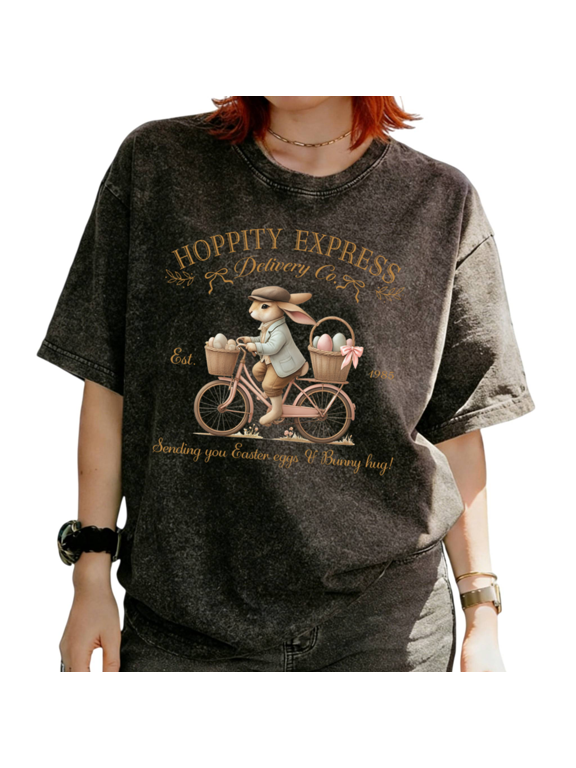 Hoppity Express Easter Bunny Delivery Graphic Tees T Shirt Tops Cotton Trendy Short Sleeve Black S-2XL Plus Size