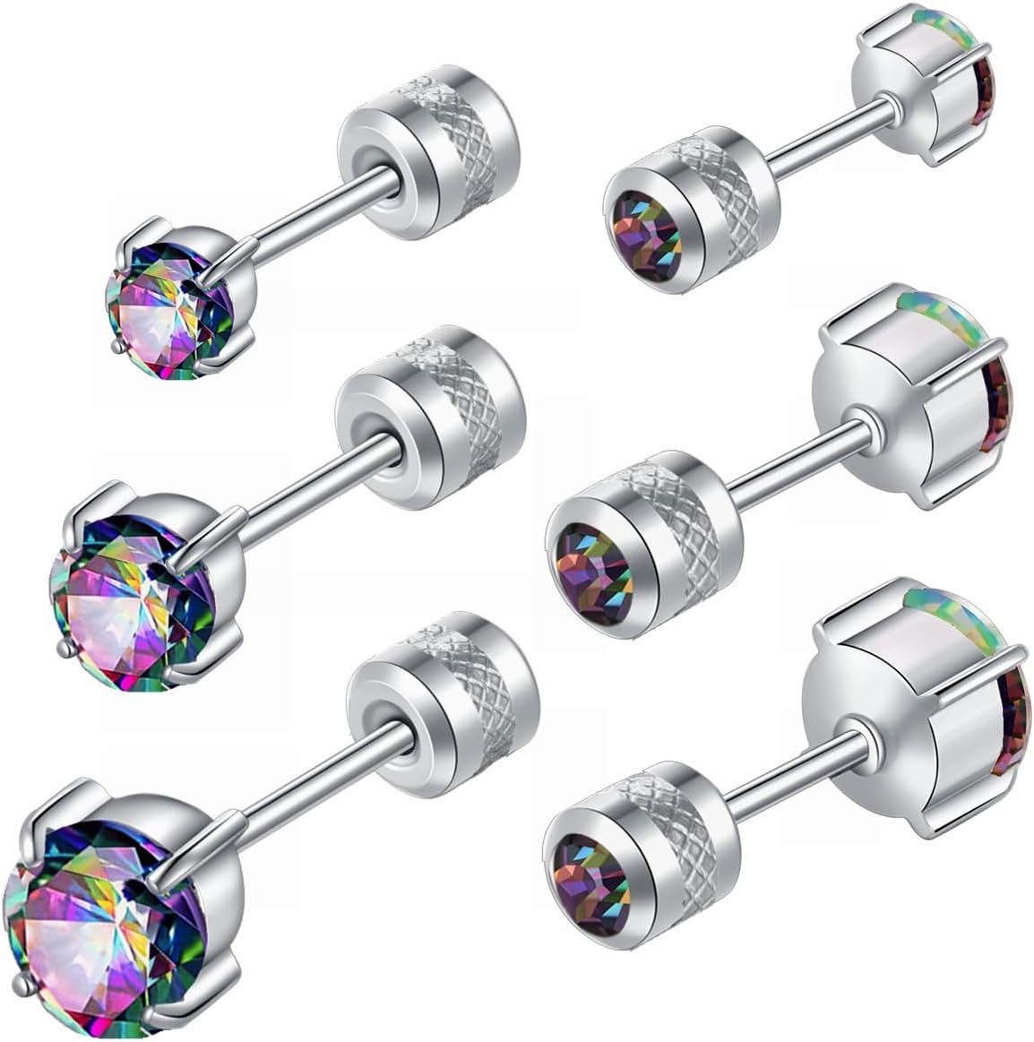 Hopply 3 Pairs hypoallergenic skin-friendly Titanium Earrings for Sensitive Ears,Screw Back Surgical Elite Stainless Steel 5A Cubic Zirconia Piercing Sleeper Stud Earrings[j856]