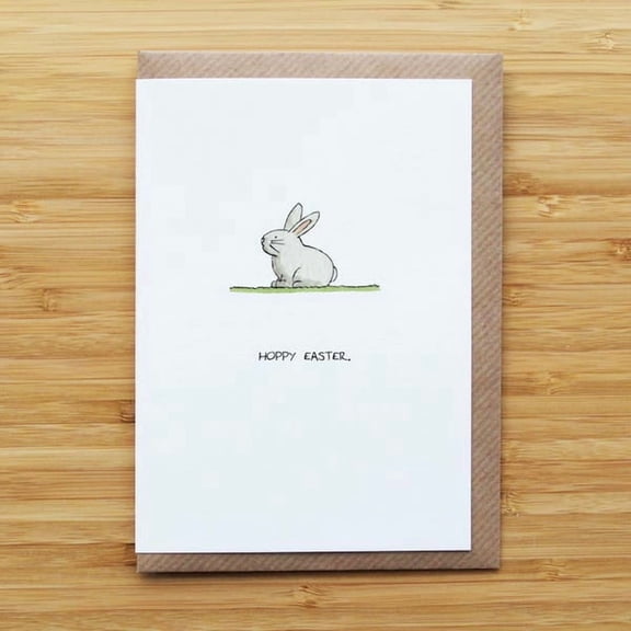 Hoppy Easter Greeting Card, Minimalist Hand-Drawn Rabbit Illustration, Cute Bunny Stationery for Spring Holiday Seasonal Messages with Kraft Envelope, White Cardstock