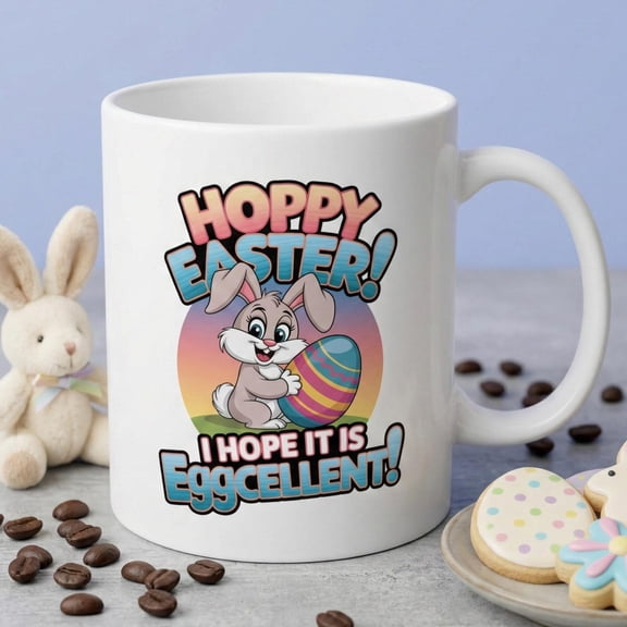 Hoppy Easter Mug, Funny Easter Bunny Cup, Cute Spring Coffee Mug, Eggcellent Easter Gift, Easter Basket Stuffer, Bunny Rabbit Cup