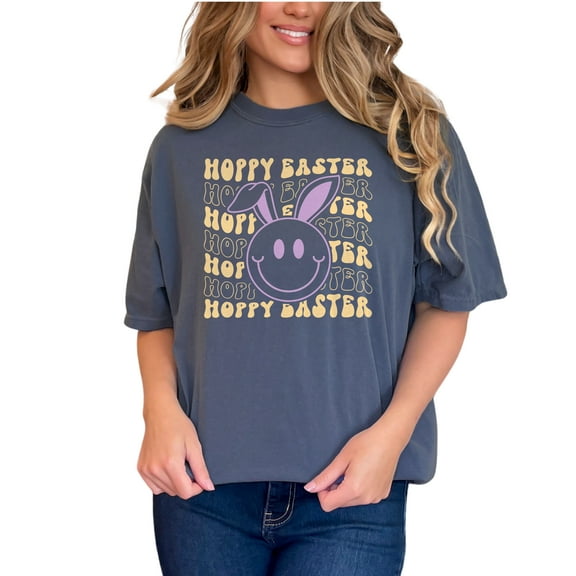Hoppy Easter feat. a Retro Smiling Face Bunny Art Favor, Souvenir or Merch, Denim Comfort Colors T-Shirt, Small