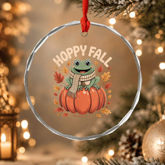 Hoppy Fall Frog on Pumpkin Autumn Leaf Ornament, Holiday Keepsake Gift, Circle Glass Ornament