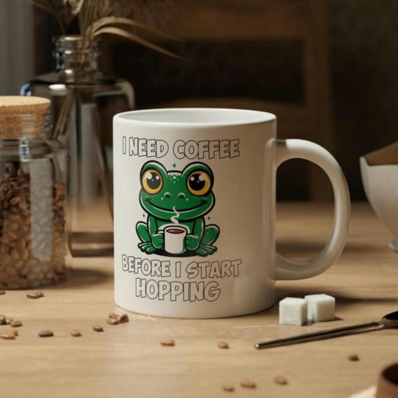 Hoppy Frog 11oz 20oz Coffee Mug Cute Funny Ceramic Cup with I Need Coffee Before I Start Hopping Design Reusable Frog Lovers All Seasons Frog Gifts Humorous Drinkware Playful Desig