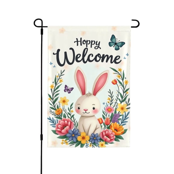 Hoppy Welcome Garden Flag 12x18 Inch Double Sided Cute Bunny Floral Spring Outdoor Yard Decoration For Porch, Lawn & Patio