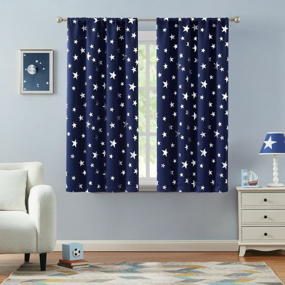 Hopscotch Jacob Star Foil Room Darkening Curtain Panel Pair 38"x63" - Navy/ Silver