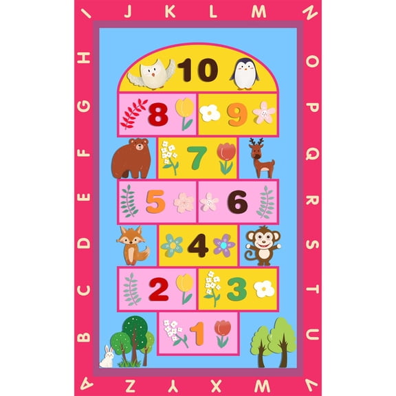 Hopscotch Rug, 20"x32" Fun and Educational Playroom Rug, with Colorful Alphabet and Animals Design Anti-Slip Kids Play Mat for Bedroom, Playroom, Nursery, Gift for Girls & Boys