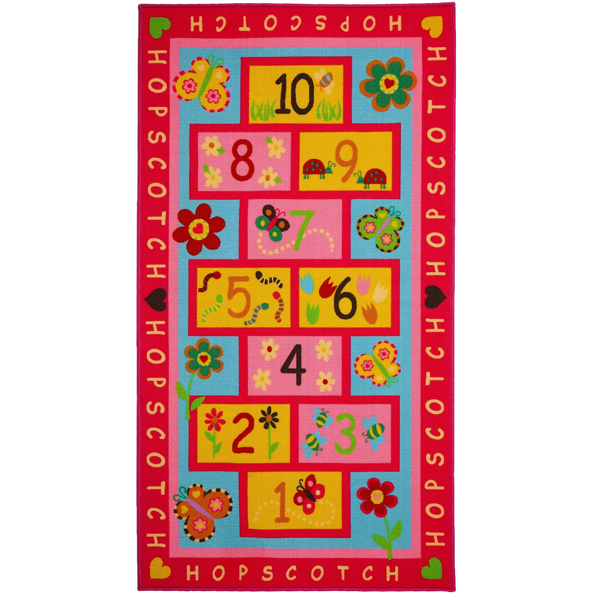 Hopscotch Rug Play Carpet â?? Educational & Fun Kidâ??s Mat for Bedroom, Nursery and Classroom â?? 10 Numbered Squares - Colorful Flower Design