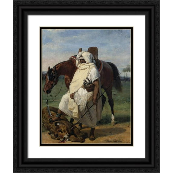 Horace Vernet 12x14 Black Ornate Wood Framed Double Matted Museum Art Print Titled: The Lion Hunter (1833)