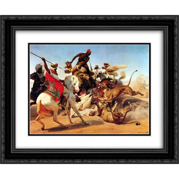 Horace Vernet 2x Matted 24x20 Black Ornate Framed Art Print 'The Lion Hunt'