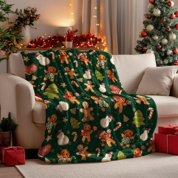 Gingerbread Christmas Throw Blanket Green 50x60, Soft Fuzzy Plush Fleece Cozy Warm Blanket, Ideal Gift for Kids Adults Women Men, Holiday Bedding Home Decor