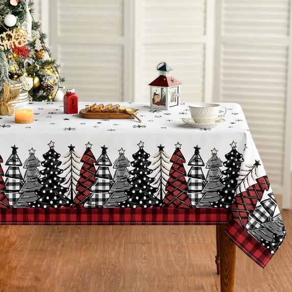 Horaldaily Christmas Tablecloth 60×84 Inch, Christmas Trees Buffalo Plaid Red Washable Table Cover for Party Picnic Dinner Decor