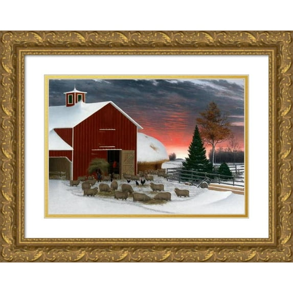 Horatio Shaw 14x11 Gold Ornate Wood Frame and Double Matted Museum Art Print Titled - Barnyard in Winter (ca. 1885-1890)