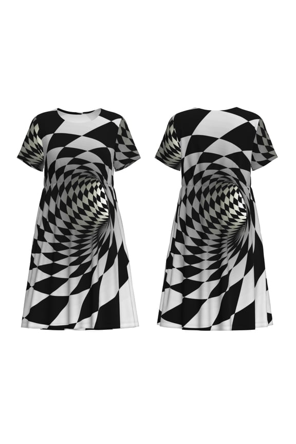 3D Vortex Illusion Print Women's Short Sleeve Dress Breathable Polyester-Spandex All-Over Print A-Line Side Pockets Elastic Waist