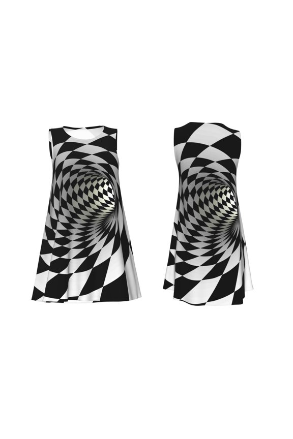 3D Vortex Illusion Print Women's Sleeveless Dress Cotton-like Flared Hem Deep Side Pockets Above-Knee