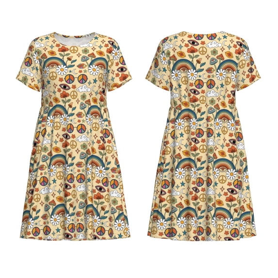 Horeoi 70s Hippie Style Print Women's Short Sleeve Dress Breathable Polyester-Spandex All-Over Print A-Line Side Pockets Elastic Waist