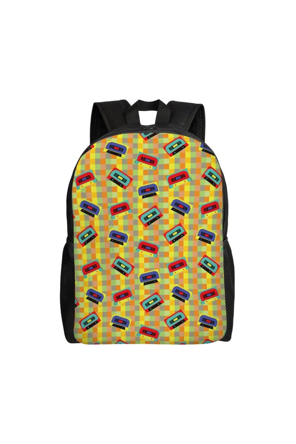 90s Audio Tape Print Waterproof 600D Oxford Laptop Backpack for School Travel Work - Lightweight Durable Bag with Adjustable Straps