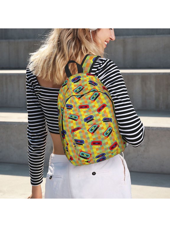 90s Audio Tape for Canvas Backpack for School Outdoor Travel Use Men Women Teenagers Large Capacity with Adjustable Shoulder Straps