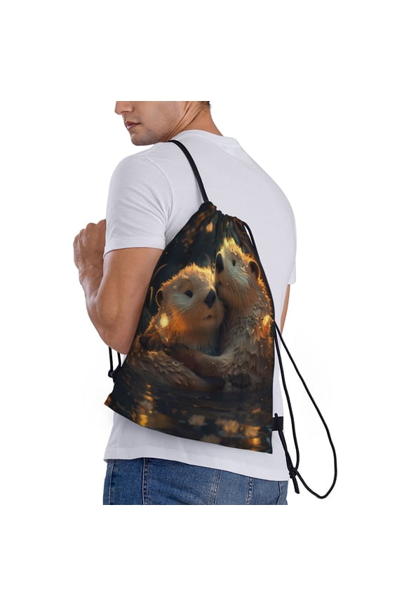 Adorable Otter Pair Hug Print Drawstring Bags for Gym Sports Yoga Travel Lightweight Foldable Sackpack for Men Women Teens