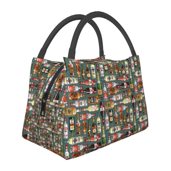 Horeoi Alcohol Bottles Pattern Portable Insulation Bag for Work Picnic Travel with Zipper and Handle Foldable Thermal Lunch Tote